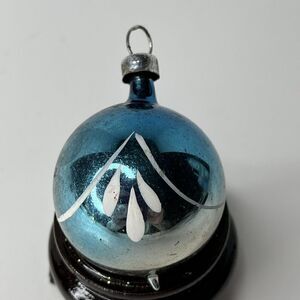 Vintage Blue Blown Mercury Glass Hand Painted Stenciled White 1.5” Ornament OR58
